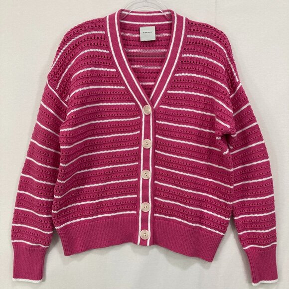 Varley Antonia Pink White Striped Preppy Relaxed Cardigan Sweater size Small - Picture 2 of 10